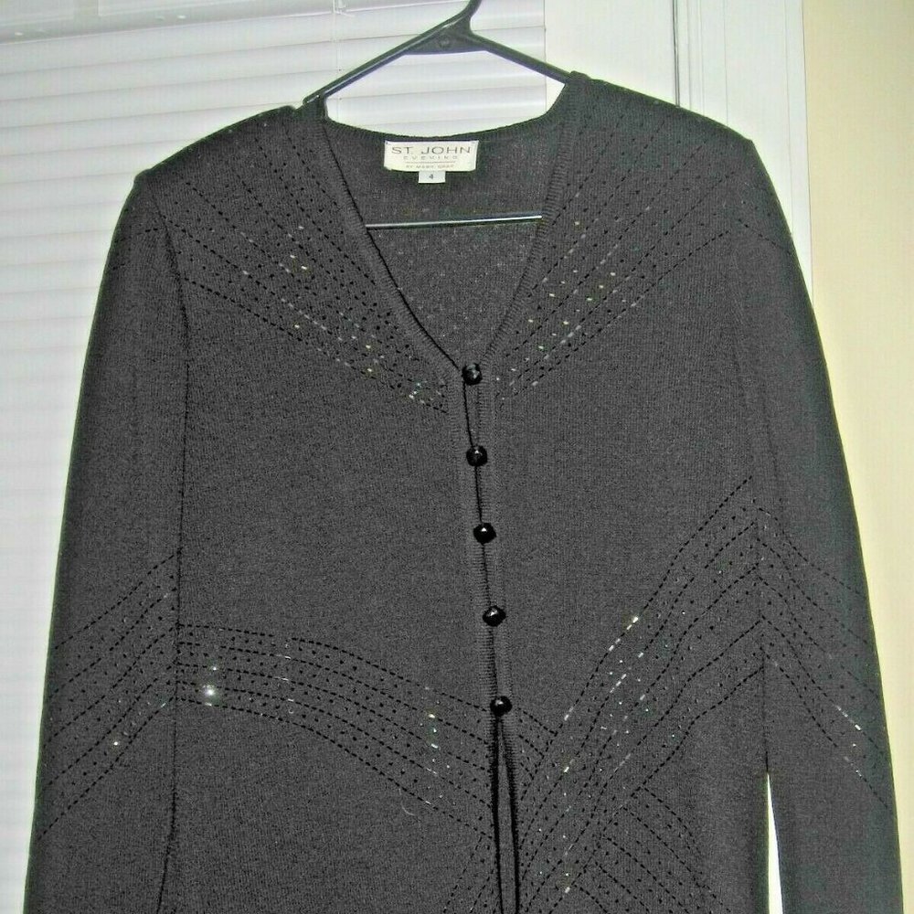 ❤️ST JOHN EVENING BEDAZZLED BLACK PAILETTES CRYSTALS JACKET SZ 4